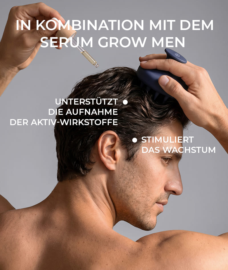 ANTI-HAIR LOSS THERAPY: Vier Produkte, ein Ziel – Schluss mit Haarausfall. Das Shampoo GROW Men neutralisiert das für Haarausfall verantwortliche Hormon DHT, optimiert das Milieu der Kopfhaut und aktiviert das Haarwachstum. Der Conditioner GROW Men bildet eine Schutzschicht um das Haar und verleiht ihm sofortige Stärke, Dichte und Volumen. Die Serum-Ampulle GROW Men reduziert Haarausfall durch kraftvolle Verankerung des Haares und beschleunigt sichtbar das Wachstum. Die GROW Men Kopfhautmassagebürste wird zusammen mit dem Shampoo und der Serum-Ampulle verwendet, um eine maximale Aufnahme der Aktiv-Wirkstoffe zu gewährleisten.