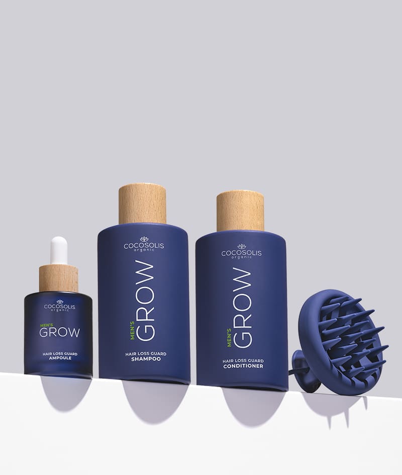ANTI-HAIR LOSS THERAPY: Quatre produits, un seul objectif : mettre fin à la chute des cheveux. Le shampooing GROW Men neutralise l'hormone DHT, responsable de la chute des cheveux, optimise l'environnement du cuir chevelu et stimule la pousse. L'après-shampooing GROW Men forme une couche protectrice sur le cheveu et lui confère instantanément force, densité et volume. L'ampoule de sérum GROW Men réduit la chute capillaire en ancrant fermement le cheveu et accélère visiblement la croissansse. Le masseur pour cuir chevelu GROW Men s'utilise avec le shampooing et l'ampoule de sérum pour une absorption maximale des principes actifs.