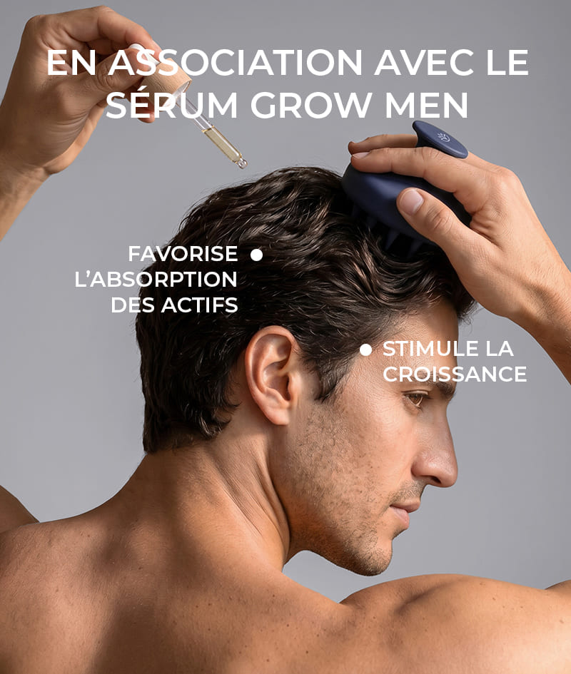 ANTI-HAIR LOSS THERAPY: Quatre produits, un seul objectif : mettre fin à la chute des cheveux. Le shampooing GROW Men neutralise l'hormone DHT, responsable de la chute des cheveux, optimise l'environnement du cuir chevelu et stimule la pousse. L'après-shampooing GROW Men forme une couche protectrice sur le cheveu et lui confère instantanément force, densité et volume. L'ampoule de sérum GROW Men réduit la chute capillaire en ancrant fermement le cheveu et accélère visiblement la croissansse. Le masseur pour cuir chevelu GROW Men s'utilise avec le shampooing et l'ampoule de sérum pour une absorption maximale des principes actifs.