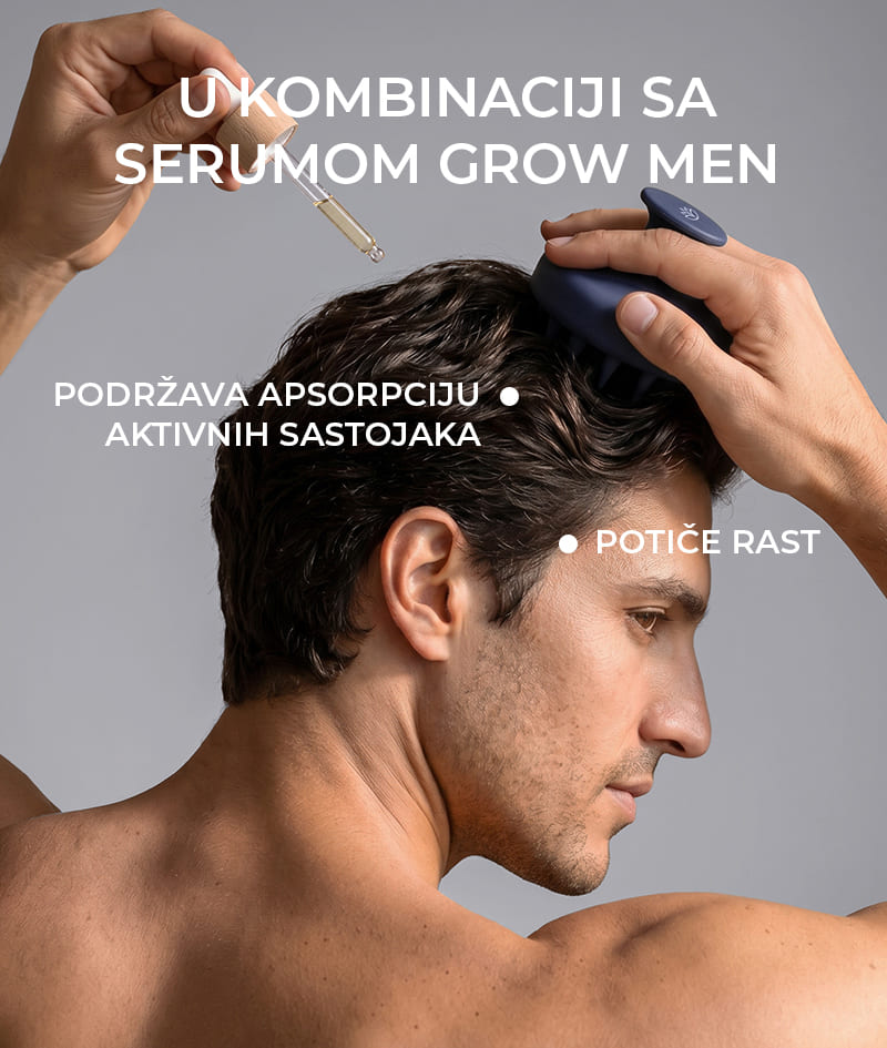 ANTI-HAIR LOSS THERAPY: Četiri proizvoda, jedan cilj – kraj ispadanju kose. GROW Men šampon neutralizira DHT hormon odgovoran za ispadanje kose, optimizira mikrookoliš vlasišta i aktivira rast. GROW Men regenerator stvara zaštitni sloj na vlasi i pruža trenutačnu čvrstoću, gustoću i volumen. GROW Men serumska ampula smanjuje ispadanje kose snažnim učvršćivanjem vlasi i vidljivo ubrzava rast. GROW Men masažer za vlasište koristi se uz šampon i serumsku ampulu za maksimalnu apsorpciju aktivnih sastojaka.