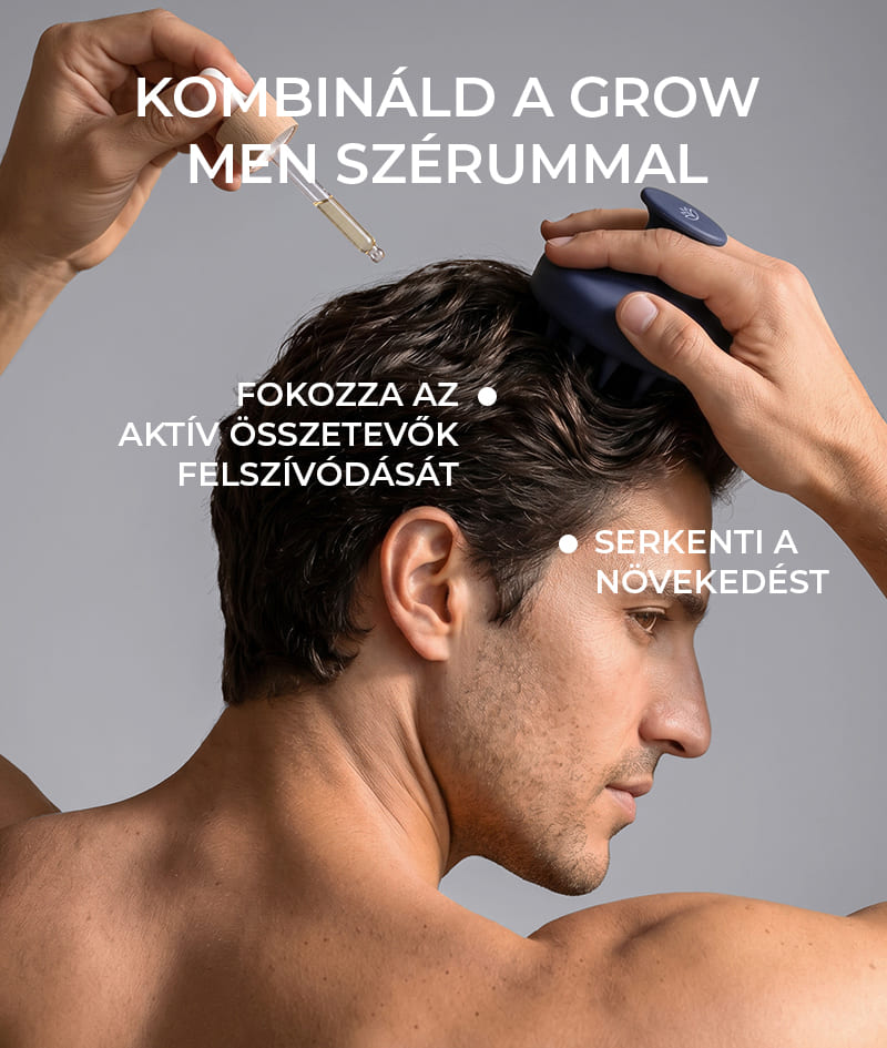 ANTI-HAIR LOSS THERAPY: Négy termék, egy cél – a hajhullás vége. A GROW Men sampon semlegesíti a hajhullásért felelős DHT hormont, optimalizálja a fejbőr környezetét, aktiválja a növekedést. A GROW Men balzsam védőréteget képez a hajon, és azonnal erőt, dússágot és volument ad. A GROW Men szérum ampulla csökkenti a hajhullást azáltal, hogy erőteljesen rögzíti a hajat és láthatóan felgyorsítja a növekedést. A GROW Men fejbőrmasszírozó a samponnal és a szérum ampullával együtt használható a hatóanyagok maximális felszívódása érdekében.