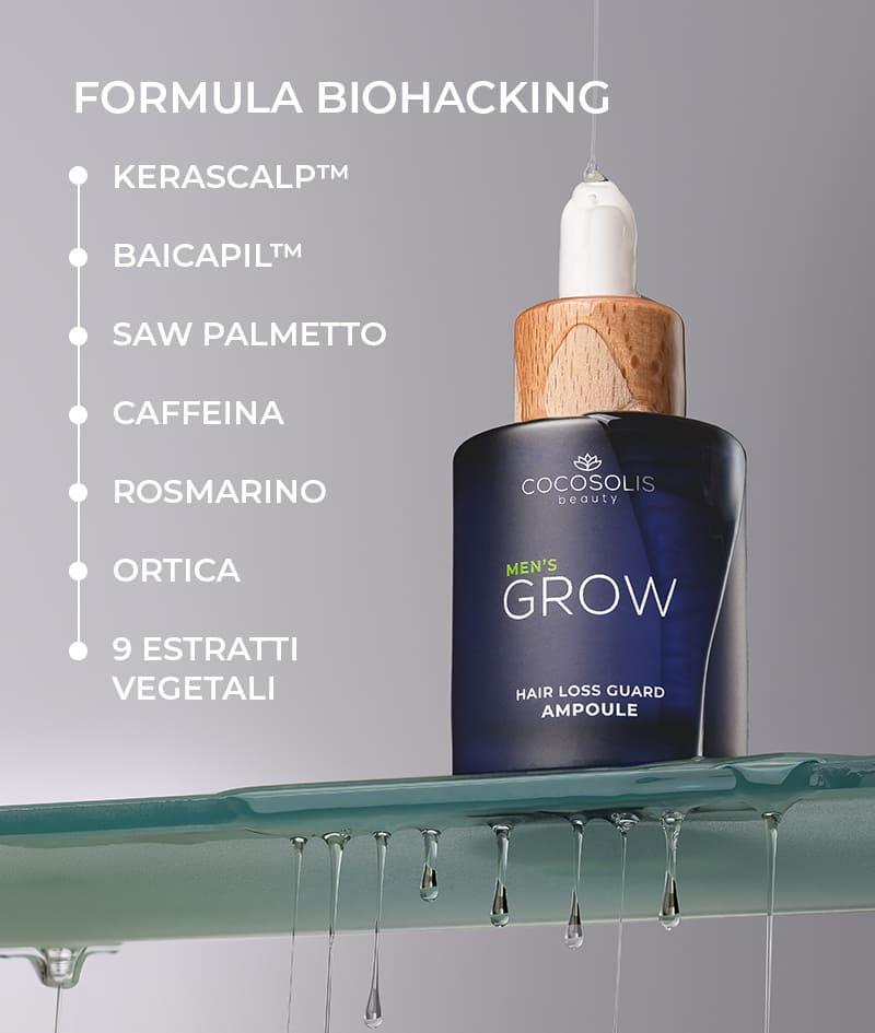 ANTI-HAIR LOSS THERAPY: Quattro prodotti, un unico obiettivo: porre fine alla caduta dei capelli. Lo shampoo GROW Men neutralizza l'ormone DHT, responsabile della caduta dei capelli, ottimizza l'ambiente del cuoio capelluto e ne stimola la crescita. Il balsamo GROW Men forma uno strato protettivo sulla fibra capillare e dona immediatamente forza, spessore e volume. La fiala di siero GROW Men riduce la caduta dei capelli ancorando efficacemente la fibra capillare e ne accelera visibilmente la crescita. Il massaggiatore per cuoio capelluto GROW Men si utilizza insieme allo shampoo e al siero in fiala per massimizzare l'assorbimento dei principi attivi.