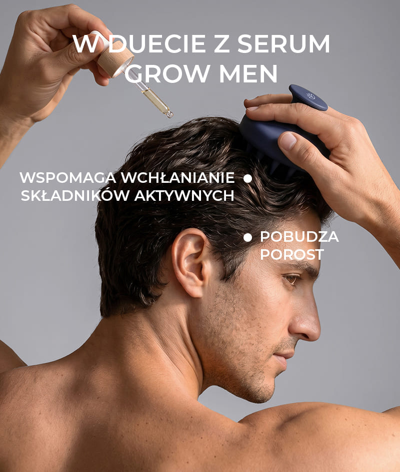 ANTI-HAIR LOSS THERAPY: Cztery produkty, jeden cel – koniec z wypadaniem włosów. Szampon GROW Men neutralizuje hormon DHT odpowiedzialny za wypadanie włosów, optymalizuje środowisko skóry głowy i stymuluje porost. Odżywka GROW Men tworzy ochronną warstwę na włosach oraz zapewnia natychmiastową wytrzymałość, gęstość i objętość. Ampułka z serum GROW Men zmniejsza wypadanie włosów poprzez silne wzmocnienie cebulek i widocznie przyspiesza wzrost. Masażer do skóry głowy GROW Men stosuje się wraz z szamponem i ampułką z serum, aby zapewnić maksymalne wchłanianie składników aktywnych.