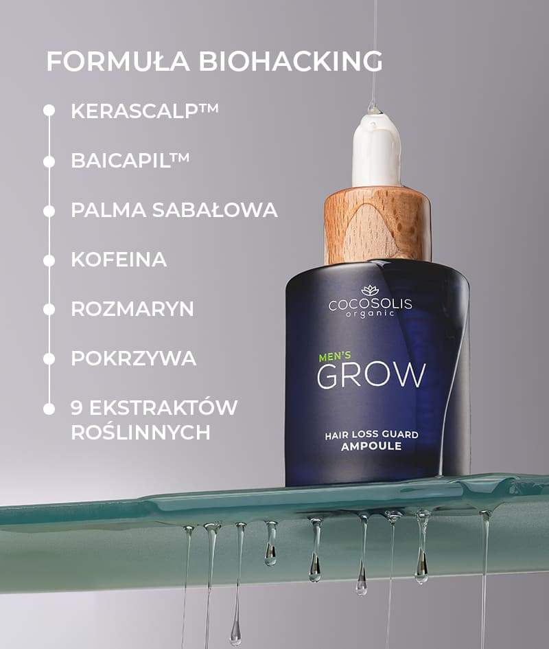 ANTI-HAIR LOSS THERAPY: Cztery produkty, jeden cel – koniec z wypadaniem włosów. Szampon GROW Men neutralizuje hormon DHT odpowiedzialny za wypadanie włosów, optymalizuje środowisko skóry głowy i stymuluje porost. Odżywka GROW Men tworzy ochronną warstwę na włosach oraz zapewnia natychmiastową wytrzymałość, gęstość i objętość. Ampułka z serum GROW Men zmniejsza wypadanie włosów poprzez silne wzmocnienie cebulek i widocznie przyspiesza wzrost. Masażer do skóry głowy GROW Men stosuje się wraz z szamponem i ampułką z serum, aby zapewnić maksymalne wchłanianie składników aktywnych.