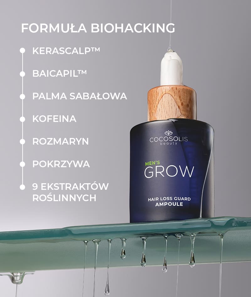 ANTI-HAIR LOSS THERAPY: Cztery produkty, jeden cel – koniec z wypadaniem włosów. Szampon GROW Men neutralizuje hormon DHT odpowiedzialny za wypadanie włosów, optymalizuje środowisko skóry głowy i stymuluje porost. Odżywka GROW Men tworzy ochronną warstwę na włosach oraz zapewnia natychmiastową wytrzymałość, gęstość i objętość. Ampułka z serum GROW Men zmniejsza wypadanie włosów poprzez silne wzmocnienie cebulek i widocznie przyspiesza wzrost. Masażer do skóry głowy GROW Men stosuje się wraz z szamponem i ampułką z serum, aby zapewnić maksymalne wchłanianie składników aktywnych.
