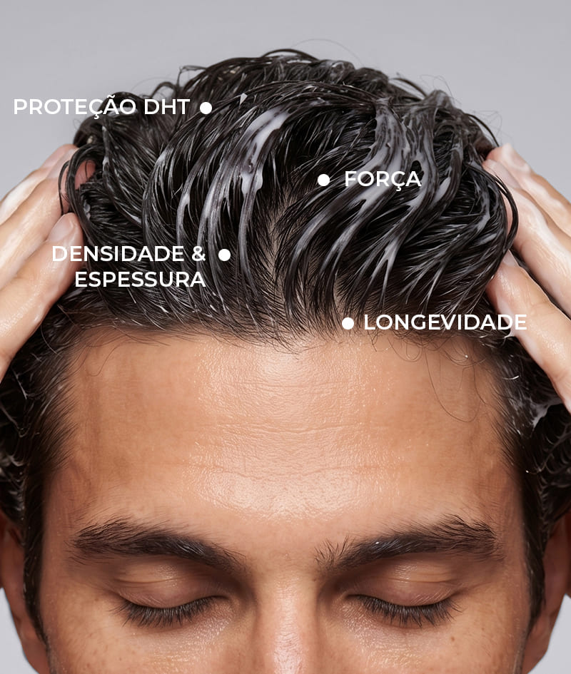 ANTI-HAIR LOSS THERAPY: Quatro produtos, um objetivo – combater a queda de cabelo. O Champô GROW Men neutraliza a hormona DHT, responsável pela queda de cabelo, otimiza o ambiente do couro cabeludo e estimula o crescimento. O Condicionador GROW Men forma uma camada protetora sobre a fibra capilar e proporciona força, espessura e volume imediatos. A Ampola Sérum GROW Men reduz a queda de cabelo através de uma poderosa ancoragem da fibra capilar e acelera visivelmente o crescimento. O Massajador de Couro Cabeludo GROW Men é utilizado com o champô e a ampola sérum para maximizar a absorção dos ingredientes ativos.
