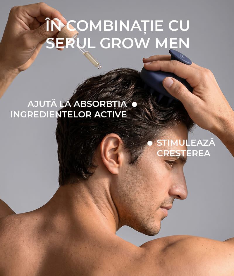 ANTI-HAIR LOSS THERAPY: Patru produse, un singur obiectiv – stoparea căderii părului. Șamponul GROW Men neutralizează hormonul DHT, responsabil de căderea părului, optimizează mediul scalpului și stimulează creșterea. Balsamul GROW Men creează un strat protector pe firul de păr și oferă instantaneu rezistență, densitate și volum. Fiola-ser GROW Men reduce căderea părului prin ancorarea puternică a firului de păr și accelerează vizibil creșterea. Masajorul pentru scalp GROW Men se utilizează împreună cu șamponul și fiola-ser pentru absorbția maximă a ingredientelor active.
