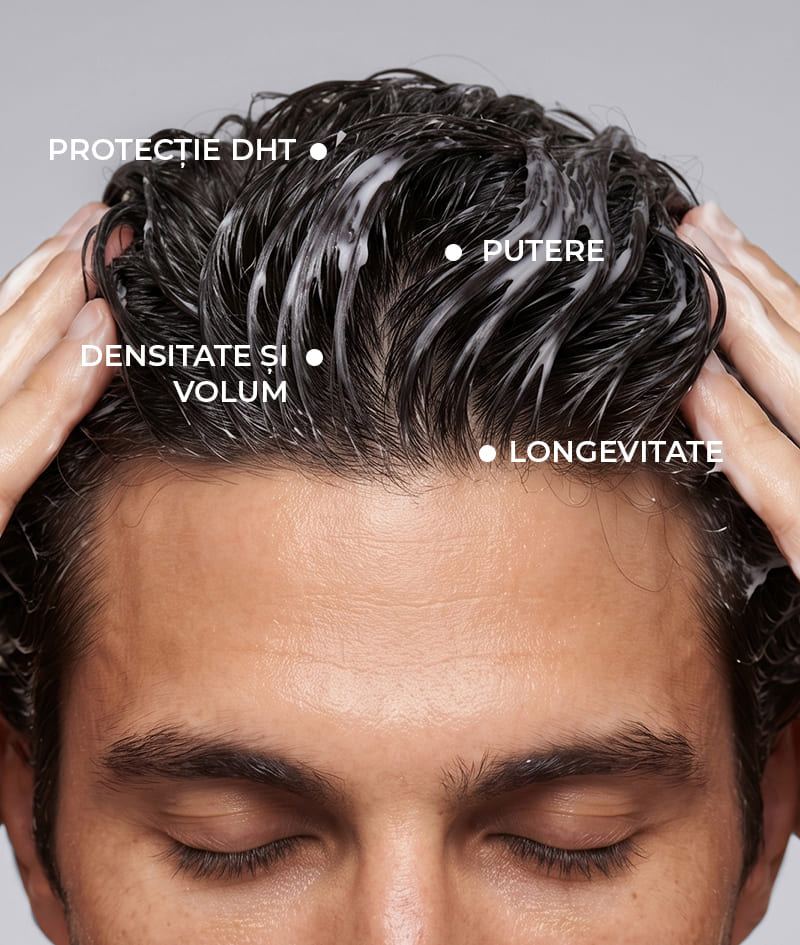 ANTI-HAIR LOSS THERAPY: Patru produse, un singur obiectiv – stoparea căderii părului. Șamponul GROW Men neutralizează hormonul DHT, responsabil de căderea părului, optimizează mediul scalpului și stimulează creșterea. Balsamul GROW Men creează un strat protector pe firul de păr și oferă instantaneu rezistență, densitate și volum. Fiola-ser GROW Men reduce căderea părului prin ancorarea puternică a firului de păr și accelerează vizibil creșterea. Masajorul pentru scalp GROW Men se utilizează împreună cu șamponul și fiola-ser pentru absorbția maximă a ingredientelor active.