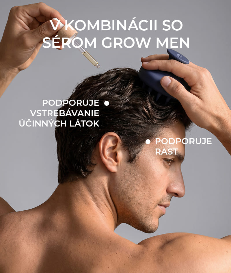 ANTI-HAIR LOSS THERAPY: Štyri produkty, jeden cieľ – koniec vypadávania vlasov. Šampón GROW Men neutralizuje hormón DHT, zodpovedný za vypadávanie vlasov, optimalizuje prostredie pokožky hlavy, aktivuje rast. Kondicionér GROW Men vytvára ochrannú vrstvu na vlasovom vlákne a dodáva okamžitú silu, hustotu a objem. Sérumová ampulka GROW Men znižuje vypadávanie vlasov prostredníctvom silného ukotvenia vlasu a viditeľne urýchľuje rast. Masážnu pomôcku GROW Men na pokožku hlavy používajte spolu so šampónom a sérom v ampulke, aby sa aktívne zložky vstrebali čo najlepšie.