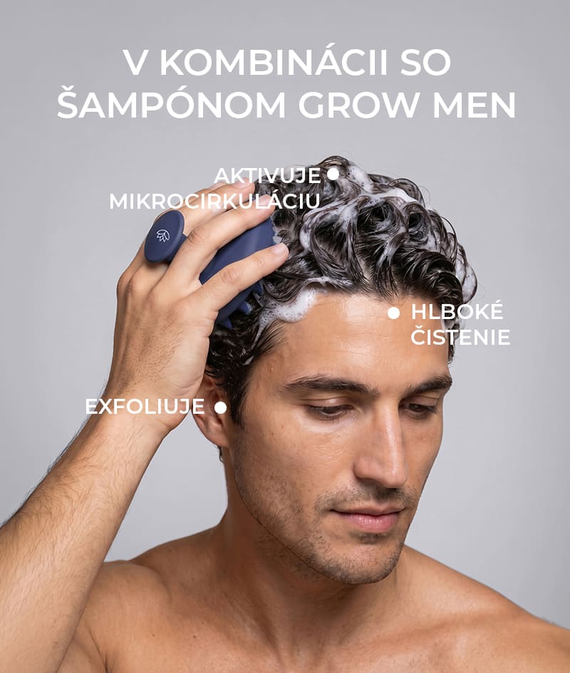 ANTI-HAIR LOSS THERAPY: Štyri produkty, jeden cieľ – koniec vypadávania vlasov. Šampón GROW Men neutralizuje hormón DHT, zodpovedný za vypadávanie vlasov, optimalizuje prostredie pokožky hlavy, aktivuje rast. Kondicionér GROW Men vytvára ochrannú vrstvu na vlasovom vlákne a dodáva okamžitú silu, hustotu a objem. Sérumová ampulka GROW Men znižuje vypadávanie vlasov prostredníctvom silného ukotvenia vlasu a viditeľne urýchľuje rast. Masážnu pomôcku GROW Men na pokožku hlavy používajte spolu so šampónom a sérom v ampulke, aby sa aktívne zložky vstrebali čo najlepšie.