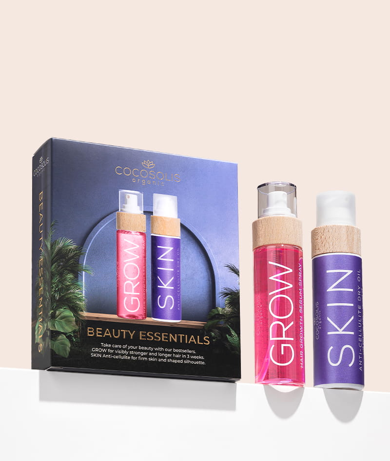 BEAUTY ESSENTIALS: Prends soin de ta beauté avec nos best-sellers. SKIN Anti-cellulite pour une peau sans défaut et GROW pour des cheveux visiblement plus forts et plus longs en 3 semaines.