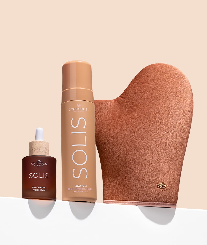 BRONZE GODDESS: Un trio naturel pour un bronzage magnifique et naturel : Le sérum autobronzant anti-âge SOLIS pour le visage, la mousse autobronzante SOLIS et le gant pour une application parfaite.