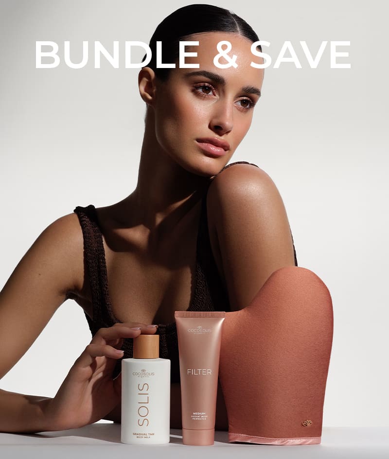 CARAMEL SKIN + GIFT: Con este trío tienes una piel perfecta sin dramas al aplicarlo. La leche corporal SOLIS Milk aporta hidratación diaria y un bronceado que se adapta al tono de la piel y se intensifica con cada aplicación. La crema corporal FILTER en tono medio unifica al instante el tono de la piel, suaviza pequeñas imperfecciones y aporta un brillo sutil y un bronceado bronceado dorado. SELF-TANNING MITT es un guante aterciopelado con el que ambos productos se aplican de forma impecable. Gelato Bag es un regalo nuestro para ti: hazte con ella antes de que se derrita.