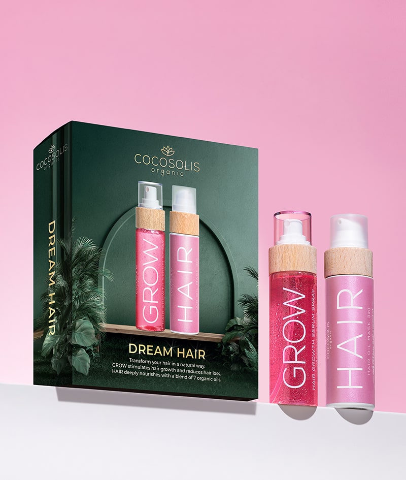 DREAM HAIR: Трансформирайте косата си натурално. GROW стимулира растежа и намалява косопада. HAIR дълбоко подхранва с микс от 7 био масла.