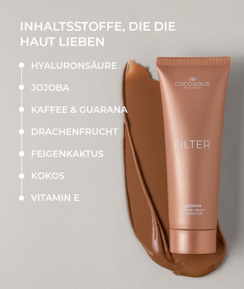 FILTER COMBO: MEDIUM: Die perfekte Kombination für makellose Haut, wann immer Du sie Dir wünschst. Die Körpercreme FILTER im mittleren Farbton ebnet den Teint sofort, glättet kleine Unregelmäßigkeiten und verleiht feinen Glow und bronzene Bräune. Mit dem samtigen Handschuh SELF-TANNING MITT trägst Du sie gleichmäßig auf größere Bereiche wie Oberschenkel, Rücken und Oberkörper auf. Mit dem ultraweichen Premium-Pinsel BLENDING BRUSH trägst Du sie präzise auf kleinere Bereiche wie Dekolleté, Hände und Knöchel auf.