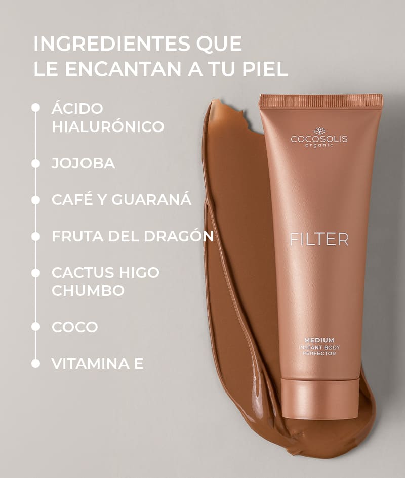 FILTER COMBO: MEDIUM: La combinación perfecta para una piel impecable cuando quieras. La crema corporal FILTER en tono medio unifica el tono al instante, difumina las pequeñas imperfecciones, aporta un brillo sutil y un bronceado dorado. Con el guante de terciopelo SELF-TANNING MITT la aplicas uniformemente en las zonas grandes como los muslos, la espalda y el torso. Con la brocha ultra suave prémium BLENDING BRUSH la aplicas con precisión en las zonas pequeñas como el escote, los brazos y los tobillos.