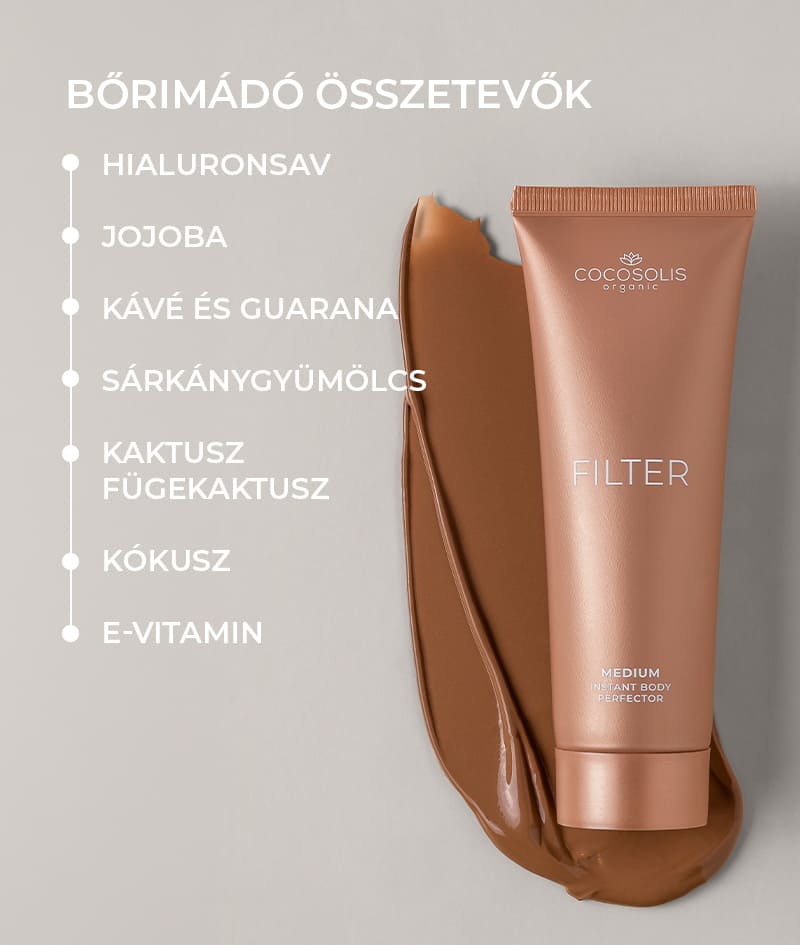FILTER COMBO: MEDIUM: Tökéletes kombináció a tökéletes bőrért, amikor csak szeretnéd. A közepes árnyalatú FILTER testápoló krém azonnal kiegyenlíti a bőrtónust, finoman elsimítja az apróbb bőrhibákat, és visszafogott ragyogást, valamint bronzos barnaságot kölcsönöz. A bársonyos SELF-TANNING MITT segítségével egyenletesen viheted fel a nagyobb területekre, például a combokra, a hátra és a törzsre. A prémium, ultra puha BLENDING BRUSH segítségével pontosan viheted fel a kisebb területekre, például a dekoltázsra, a kézre és a bokákra.