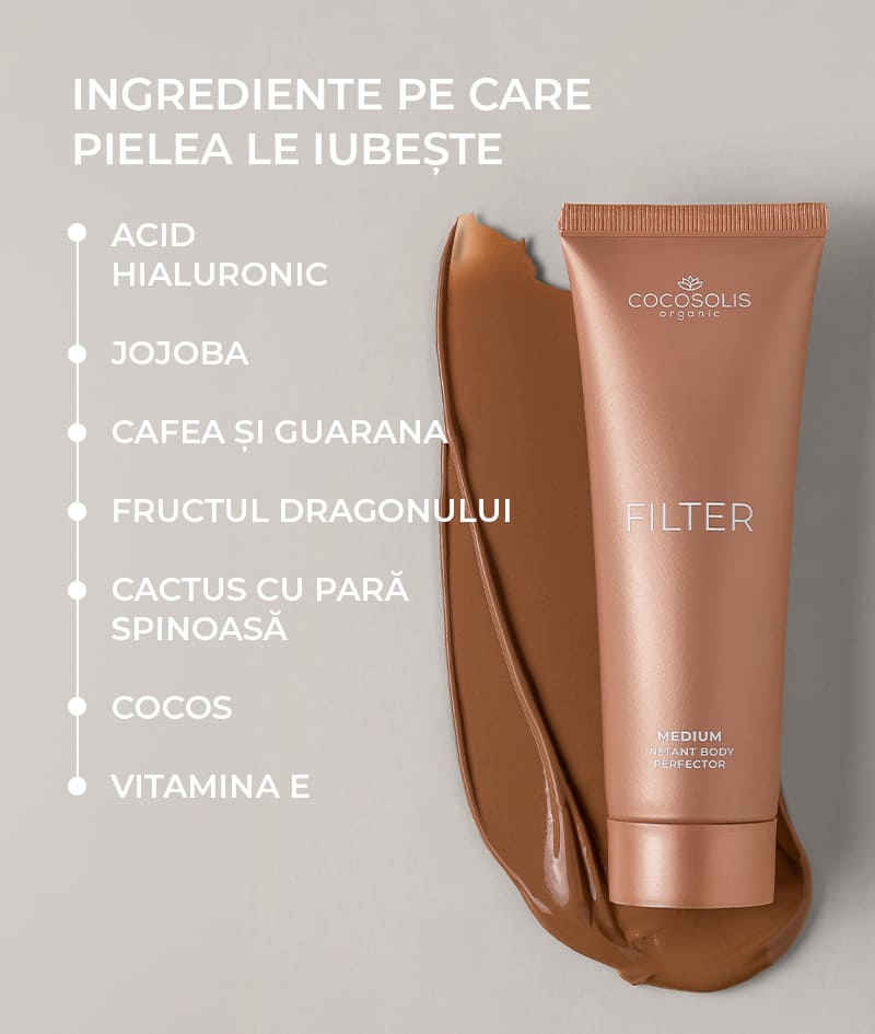 FILTER COMBO: MEDIUM: Combinația perfectă pentru o piele impecabilă oricând îți dorești. Crema de corp FILTER într-o nuanță medie uniformizează instantaneu tonul pielii, netezește imperfecțiunile minore și oferă o strălucire subtilă și un bronz arămiu. Cu mănușa catifelată SELF-TANNING MITT o aplici uniform pe zonele mai mari precum coapsele, spatele, trunchiul. Cu pensula premium ultra-moale BLENDING BRUSH o aplici precis pe zonele mai mici precum decolteul, mâinile și gleznele.