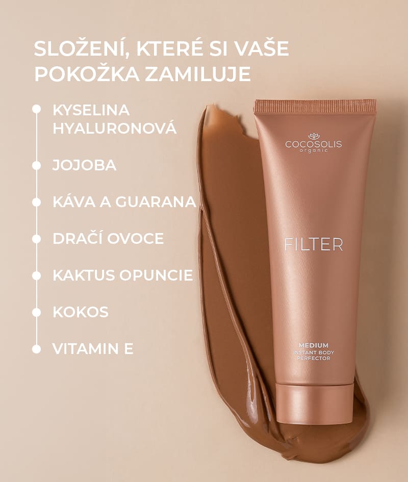 FILTER DUO: MEDIUM: Perfektní kombinace pro bezchybnou pokožku, kdykoli si ji budeš přát. Tělový krém FILTER ve středním odstínu okamžitě sjednotí  opálení  pokožky, vyhlazuje drobné nedokonalosti, dodává jemný lesk a bronzové opálení. Sametovou rukavicí SELF-TANNING MITT ho naneseš rovnoměrně na větší oblasti.