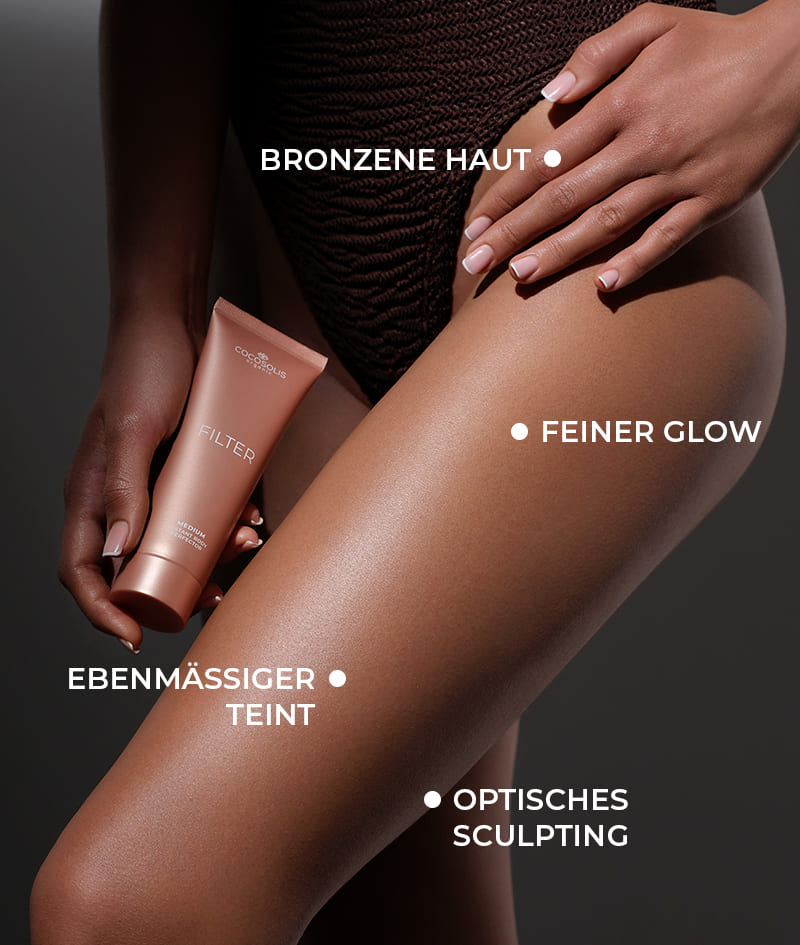 FILTER DUO: MEDIUM: Die perfekte Kombination für makellose Haut, wann immer Du sie Dir wünschst. Die Körpercreme FILTER im mittleren Farbton ebnet den Teint sofort, glättet kleine Unregelmäßigkeiten und verleiht feinen Glow und bronzene Bräune. Mit dem samtigen Handschuh SELF-TANNING MITT trägst Du sie gleichmäßig auf größere Bereiche auf.