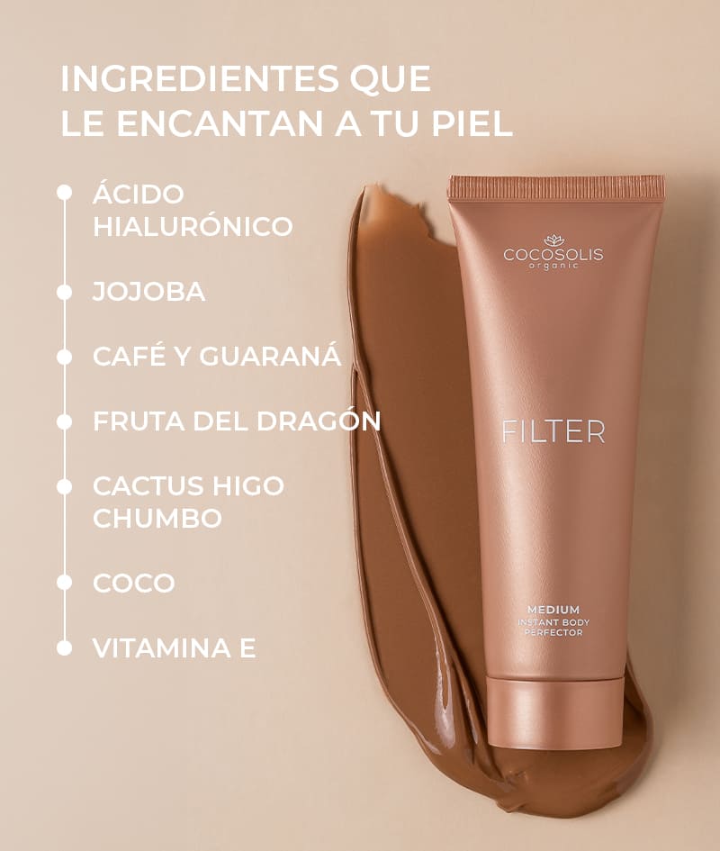 FILTER DUO: MEDIUM: La combinación perfecta para una piel impecable cuando quieras. La crema corporal FILTER en tono medio unifica el tono al instante, difumina las pequeñas imperfecciones, aporta un brillo sutil y un bronceado dorado. Con el guante de terciopelo SELF-TANNING MITT la aplicas uniformemente en las zonas grandes.
