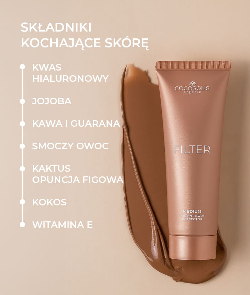 FILTER DUO: MEDIUM: Idealne połączenie dla perfekcyjnej skóry, kiedy tylko zechcesz. Krem do ciała FILTER w średnim odcieniu natychmiast wyrównuje koloryt skóry, wygładza drobne niedoskonałości oraz nadaje subtelny blask i brązową opaleniznę. Aksamitną rękawicą SELF-TANNING MITT nałożysz go równomiernie na większe partie.