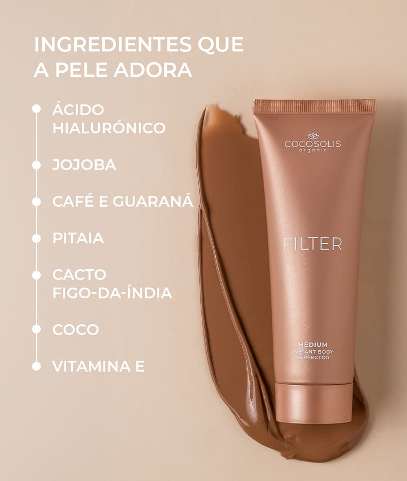 FILTER DUO: MEDIUM: A combinação perfeita para uma pele impecável sempre que quiseres. O creme corporal FILTER num tom médio uniformiza instantaneamente o tom da pele, suaviza pequenas imperfeições e confere um brilho subtil e um bronzeado. Utiliza a luva aveludada SELF-TANNING MITT para uma aplicação uniforme em áreas maiores.