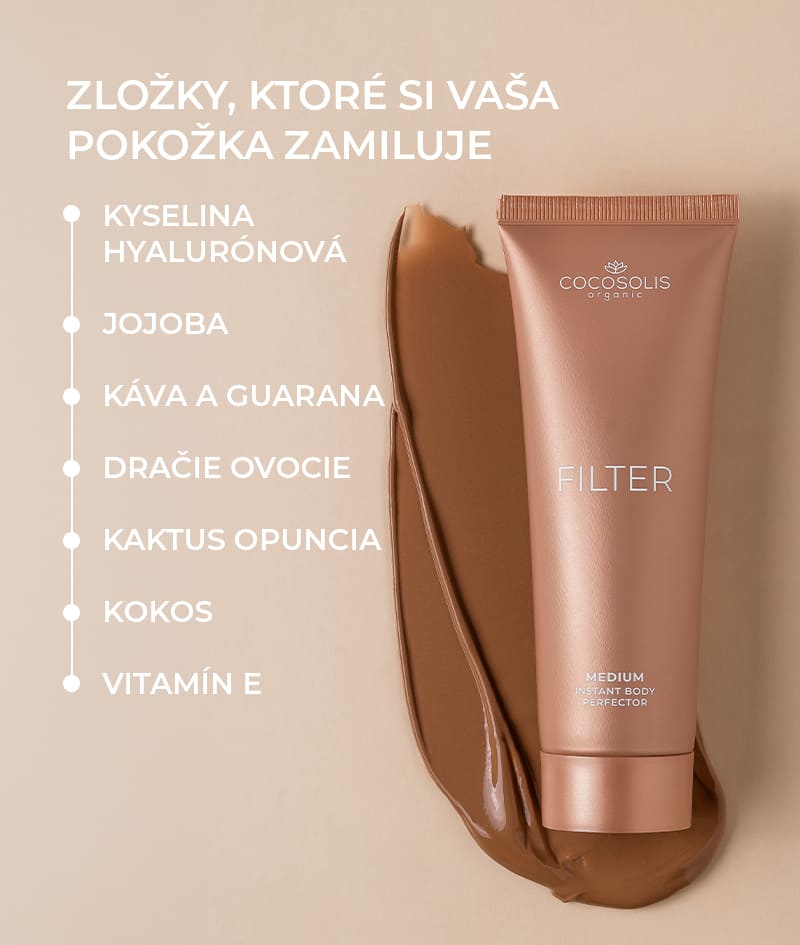 FILTER DUO: MEDIUM: Dokonalá kombinácia pre bezchybnú pokožku, kedykoľvek si to želáš. Telový krém FILTER v strednom odtieni okamžite zjednocuje tón pokožky, vyhladzuje drobné nedokonalosti a dodáva jemný lesk a bronzové opálenie. So zamatovou rukavicou SELF-TANNING MITT ho nanesieš rovnomerne na väčšie oblasti.