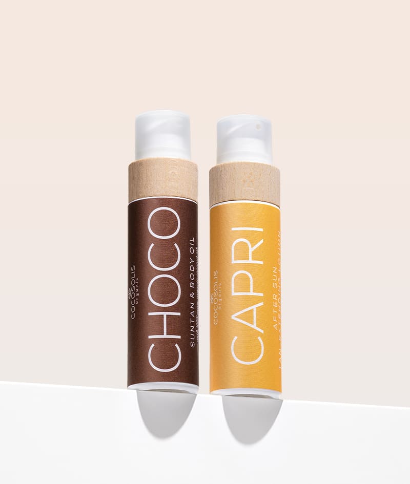 FOREVER TAN: CHOCO acelera o bronzeado natural e nutre. O CAPRI acalma a pele após o sol e prolonga o bronzeado até 3 meses.