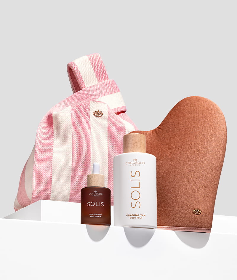 FULL GLOW + GIFT: SOLIS серум за лице придава естествено изглеждащ тен и има антиейдж ефект. SOLIS мляко за тяло дава ежедневна хидратация и адаптиращ се към цвета на кожата тен, който се натрупва с всяко нанасяне. Self-tanning mitt е кадифена ръкавица за нанасяне, с която тенът е безупречно равномерен, без петна и ивици. Gelato Bag е подарък от нас: вземи я, преди да се стопи.