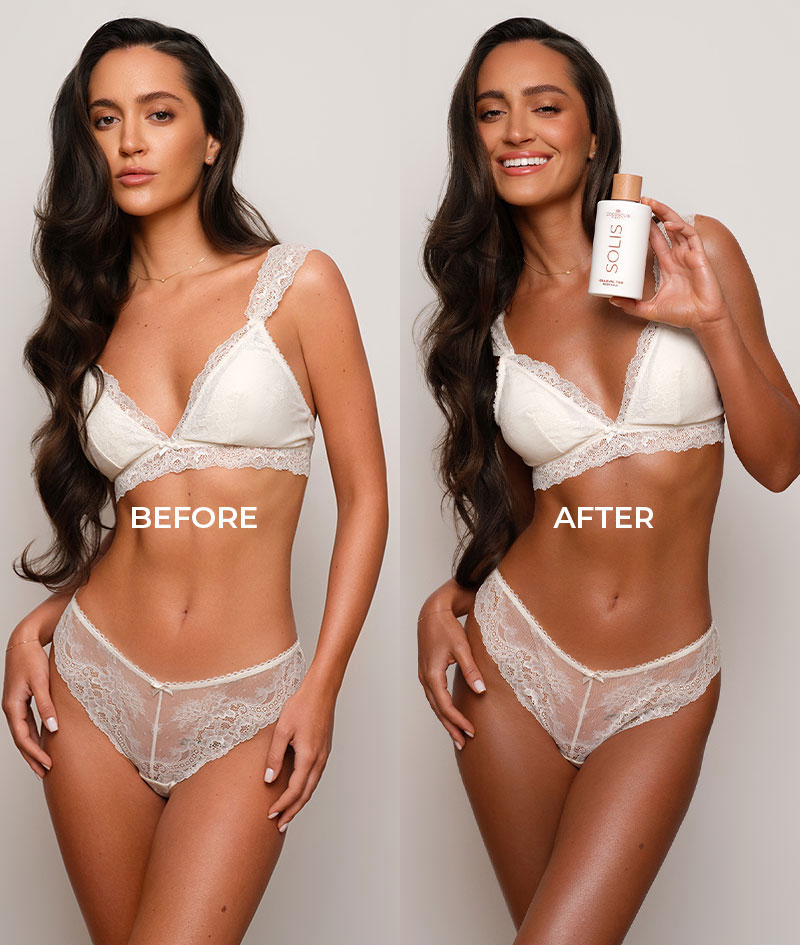 FULL GLOW: Le sérum pour le visage SOLIS donne un bronzage d'apparence naturelle et a un effet anti-âge. Le lait pour le corps SOLIS hydrate au quotidien et s'adapte à la couleur de la peau, qui s'intensifie à chaque application. Le gant pour autobronzant est un gant en velours qui permet d'obtenir un bronzage impeccablement uniforme, sans taches ni traces.