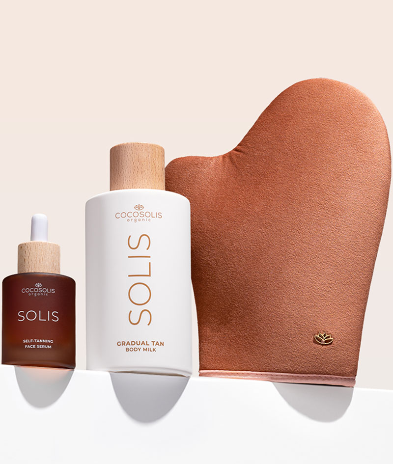 FULL GLOW: SOLIS серум за лице придава естествено изглеждащ тен и има антиейдж ефект. SOLIS мляко за тяло дава ежедневна хидратация и адаптиращ се към цвета на кожата тен, който се натрупва с всяко нанасяне. Self-tanning mitt е кадифена ръкавица за нанасяне, с която тенът е безупречно равномерен, без петна и ивици.