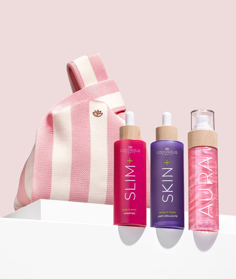 GLOWING CURVES + GIFT: SLIM+ reduziert den Taillenumfang und strafft und formt Bauch und Arme. SKIN+ mindert sichtbar Cellulite und Fett am Po und Oberschenkeln. AURA PINK hydratisiert und verleiht unwiderstehlichen rosa Schimmer von Kopf bis Fuß. Die Gelato Bag ist ein Geschenk von uns: Hol sie Dir, bevor sie schmilzt.