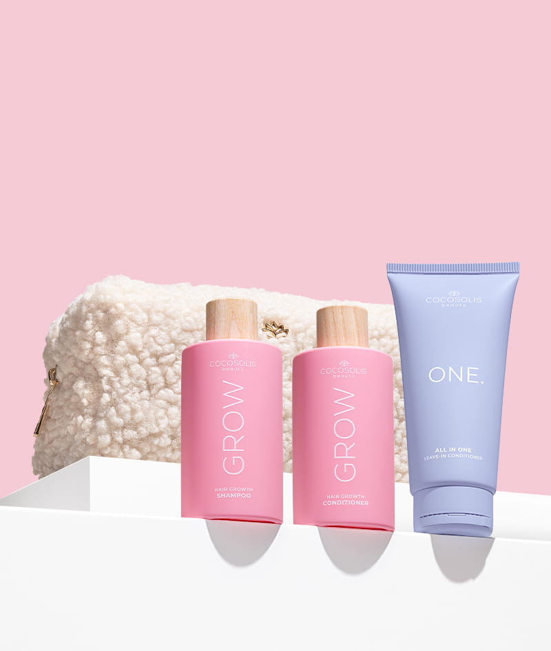 GOOD HAIR DAYS + GIFT: O champô e o amaciador GROW criam as condições perfeitas para o crescimento, deixando o cabelo limpo, macio e brilhante. O condicionador sem enxaguamento ONE oferece 12 benefícios, facilita o styling e protege do calor e dos raios UV. A Cloud Pouch é uma oferta nossa: um tesouro fofinho na sua coleção de bolsas.