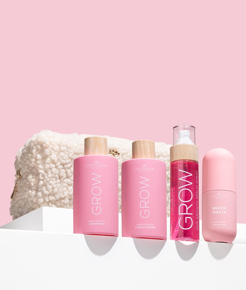 GROW BOOST & BEACH SIESTA + GIFT: Alcanza tus objetivos para el cabello y envuélvelo en un aroma tropical jugoso. El champú y acondicionador GROW con KERASCALP™ y el sérum en spray GROW con Hair Stimulation Complex™ logran un cabello más fuerte y grueso que crece. BEACH SIESTA es una bruma para el cuerpo y el cabello con aroma tropical a agua de coco, melocotón y tiaré. Cloud Pouch es un regalo nuestro: un tesoro esponjoso para añadir a tu colección de bolsitas.