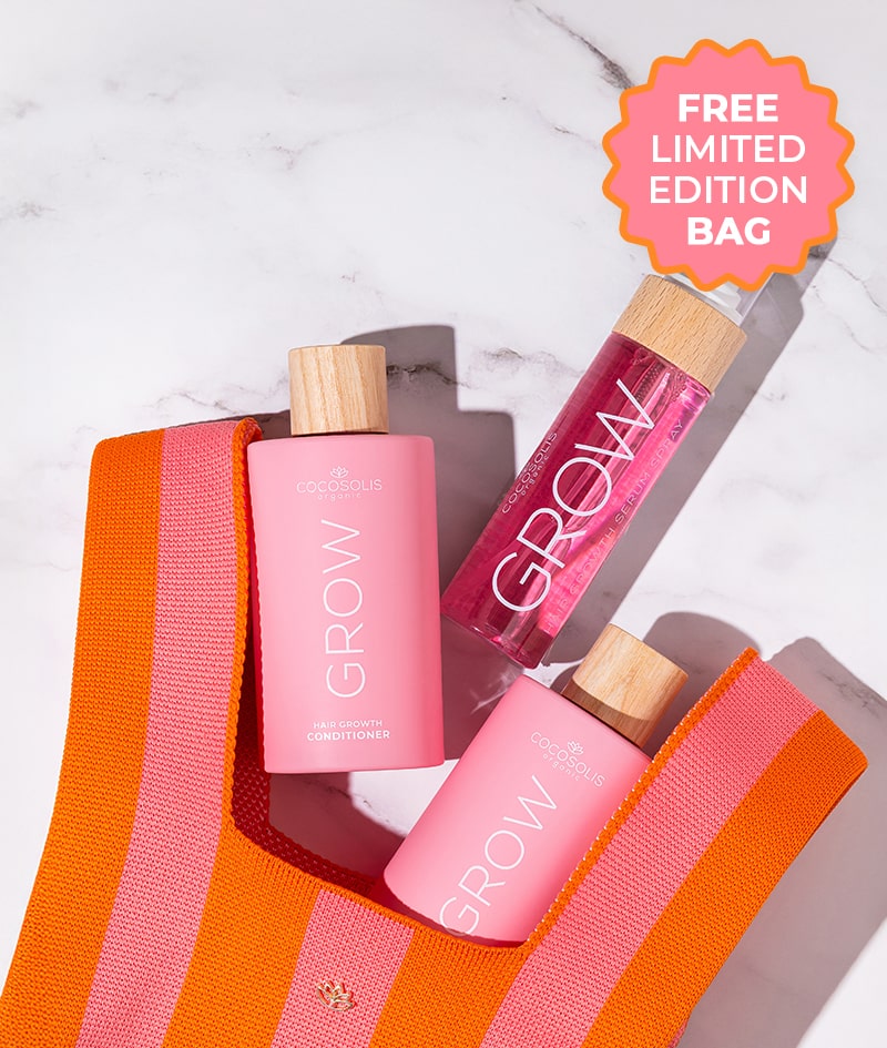 GROW BOOST + GIFT BAG: Lasă știința și natura să lucreze pentru părul tău. Șamponul și balsamul GROW cu KERASCALP™ și spray-ul cu ser GROW cu complex de stimulare a părului™ sunt dovedite clinic că asigură un păr mai puternic, mai gros și care crește rapid. COCOSOLIS Mini Bag limited edition este un cadou de la noi: geantă mini pentru momentele importante de vară.