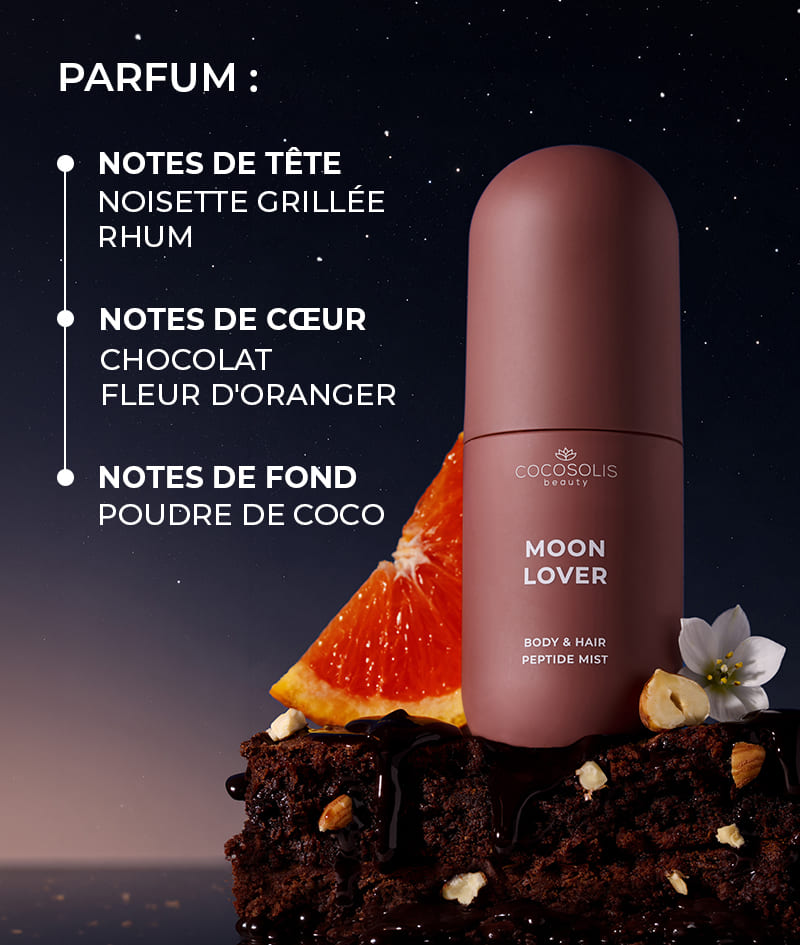 JUICY & INTOXICATING: Profite de ton après-midi avec BEACH SIESTA et plonge dans la nuit avec MOON LOVER. Elles hydratent la peau et les cheveux avec des peptides, de l'acide hyaluronique et des exosomes CICA et les enveloppent de parfums complexes. BEACH SIESTA au parfum juteux d'eau de coco, de pêche et de tiaré. MOON LOVER au parfum enivrant de noisette grillée, de rhum et de chocolat.