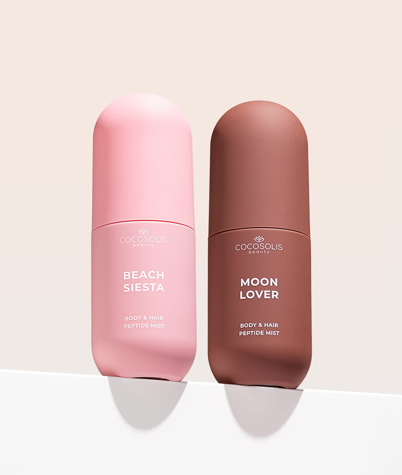 JUICY & INTOXICATING: Desfruta da tarde com BEACH SIESTA e mergulha na noite com MOON LOVER. Hidratam a pele e o cabelo com péptidos, ácido hialurónico e exossomas CICA e envolvem-nos em aromas complexos. BEACH SIESTA com o aroma sumarento de água de coco, pêssego e tiaré. MOON LOVER com o aroma inebriante de avelã tostada, rum e chocolate.