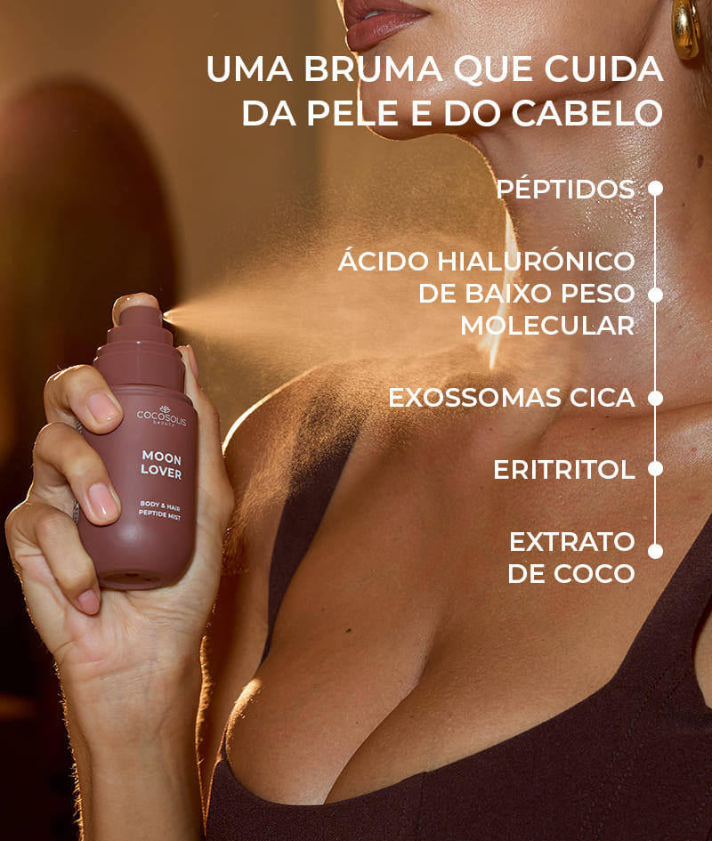 JUICY & INTOXICATING: Desfruta da tarde com BEACH SIESTA e mergulha na noite com MOON LOVER. Hidratam a pele e o cabelo com péptidos, ácido hialurónico e exossomas CICA e envolvem-nos em aromas complexos. BEACH SIESTA com o aroma sumarento de água de coco, pêssego e tiaré. MOON LOVER com o aroma inebriante de avelã tostada, rum e chocolate.