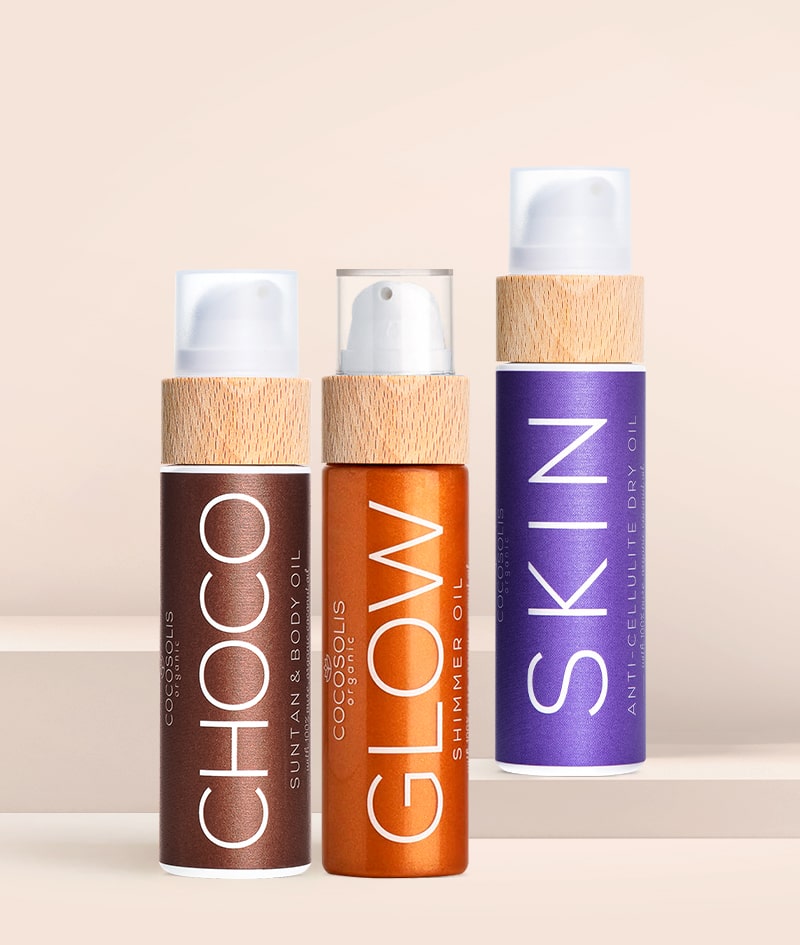 SUMMER TRIO: Радвайте се на сияйна лятна кожа. SKIN Anti-cellulite стяга и изглажда. CHOCO ускорява постигането на шоколадов естествен тен, а GLOW подхранва и придава неустоим блясък.