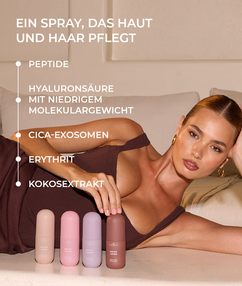 SUN TO MOON COLLECTION + GIFT: Vier Sprays für jeden Moment des Tages und der Nacht. Sie hydratisieren, erfrischen und hüllen Haut und Haare in vier reiche, komplexe Düfte – süß, saftig, salzig und berauschend. Die Cloud Pouch ist ein Geschenk von uns: ein flauschiges Juwel für Ihre Etui-Sammlung.