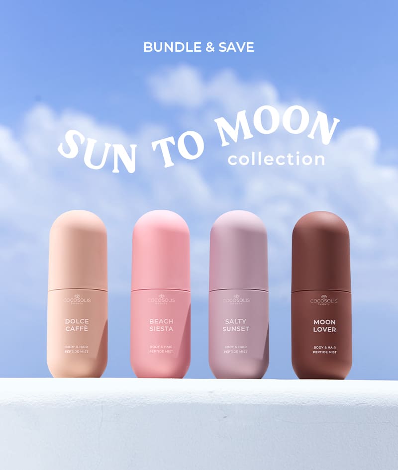 SUN TO MOON COLLECTION + GIFT: Cuatro brumas para cada momento del día y de la noche. Hidratan, refrescan y envuelven la piel y el cabello en cuatro aromas ricos y complejos – dulce, jugoso, salado y embriagador. Cloud Pouch es un regalo nuestro: un tesoro esponjoso para añadir a tu colección de bolsitas.