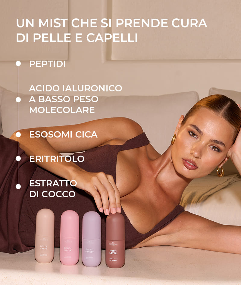 SUN TO MOON COLLECTION + GIFT: Quattro mist per ogni momento del giorno e della notte. Idratano, rinfrescano e avvolgono pelle e capelli in quattro profumi ricchi e complessi – dolce, succoso, salato e inebriante. Cloud Pouch è un regalo da parte nostra: un tesoro soffice da aggiungere alla tua collezione di marsupi.