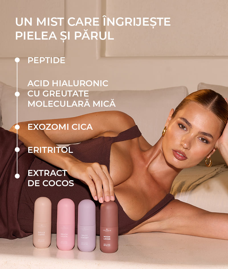 SUN TO MOON COLLECTION + GIFT: Patru mist-uri pentru fiecare moment al zilei și al nopții. Hidratează, împrospătează și învăluie pielea și părul în patru arome bogate și complexe – dulce, zemoasă, sărată și îmbătătoare. Cloud Pouch este un cadou de la noi: o bijuterie pufoasă în colecția ta de truse de portfarduri.