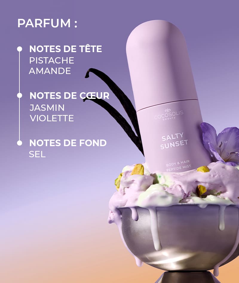 SWEET & SALTY: Commence la journée avec DOLCE CAFFÈ et termine-la avec SALTY SUNSET. Elles hydratent la peau et les cheveux avec des peptides, de l'acide hyaluronique et des exosomes CICA et les enveloppent de parfums complexes. DOLCE CAFFÈ au parfum doux d'espresso, de vanille et de caramel. SALTY SUNSET au parfum sucré-salé de pistache, de caramel et de sel.
