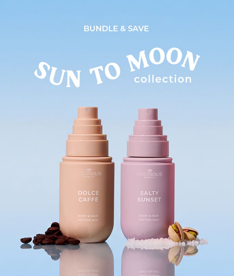 SWEET & SALTY: Começa o dia com DOLCE CAFFÈ e termina-o com SALTY SUNSET. Hidratam a pele e o cabelo com péptidos, ácido hialurónico e exossomas CICA e envolvem-nos em aromas complexos. DOLCE CAFFÈ com o aroma doce de espresso, baunilha e caramelo. SALTY SUNSET com o aroma doce-salgado de pistácio, caramelo e sal.