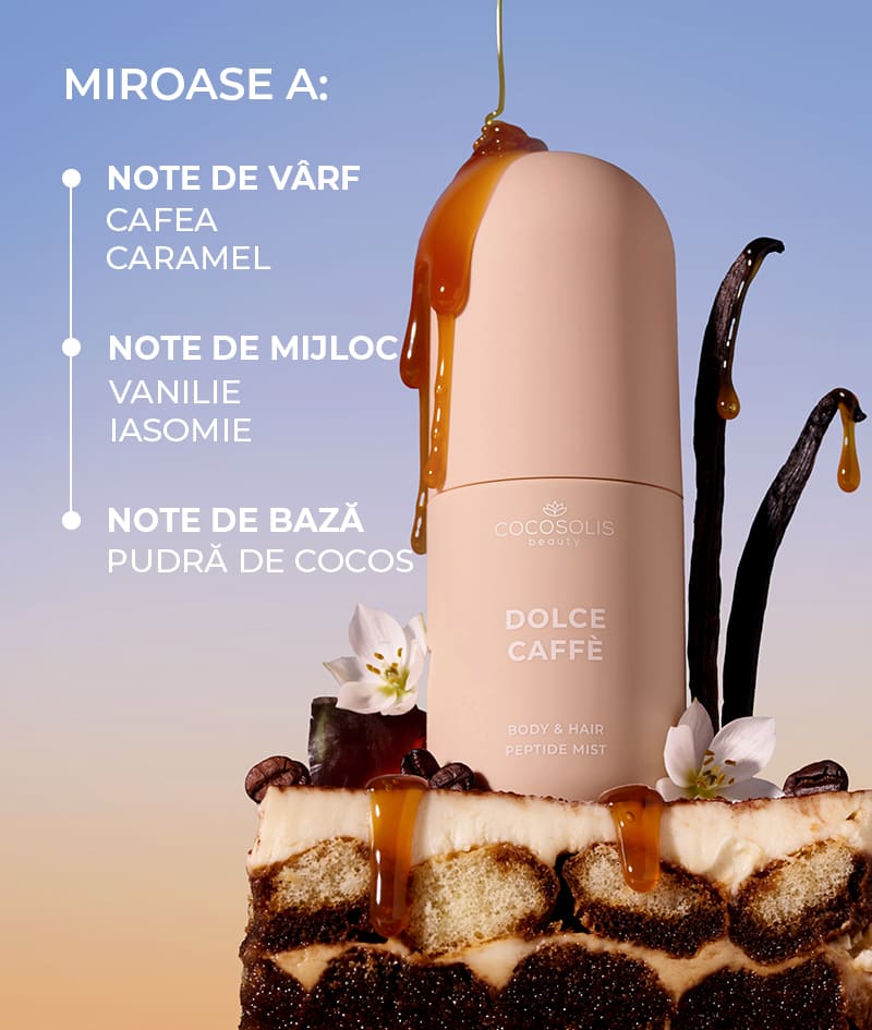 SWEET & SALTY: Începe ziua cu DOLCE CAFFÈ și încheie-o cu SALTY SUNSET. Hidratează pielea și părul cu peptide, acid hialuronic și exozomi CICA și le învăluie în arome complexe. DOLCE CAFFÈ cu aroma dulce de espresso, vanilie și caramel. SALTY SUNSET cu aroma dulce-sărată de fistic, caramel și sare.