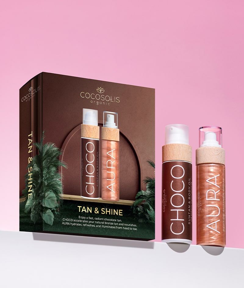 TAN & SHINE: Bucură-te de un bronz rapid și radiant, ca ciocolata. CHOCO accelerează bronzul natural și hrănește. AURA hidratează, împrospătează și luminează tenul din cap până în picioare.