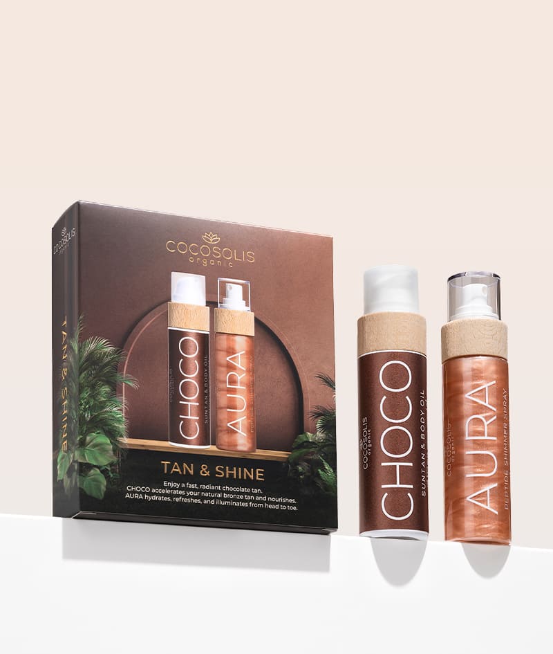 TAN & SHINE: Freut euch über schnelle, strahlende schokoladige Bräune. CHOCO beschleunigt die natürliche bronzene Bräune und pflegt. AURA hydratisiert, erfrischt und lässt die Haut von Kopf bis Fuß strahlen.