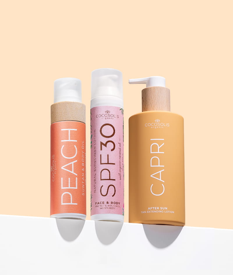 TAN TRIO: FPS30 oferece proteção solar natural eficaz com zinco invisível não nano. PEACH acelera o bronzeado e confere uma irresistível fragrância de pêssego. CAPRI acalma a pele após o sol e prolonga o bronzeado até 3 meses depois do último dia de praia.
